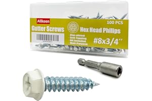 Allkeen Self-Tapping Gutter Screws White Painted Hex Head #8 x 3/4" Zinc Plated Finish, 100 Pieces, Socket Bit Included