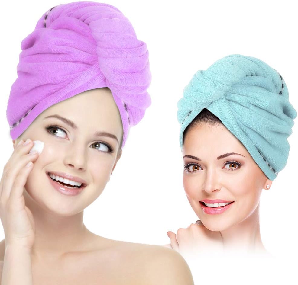 Hair Towel Wrap Turban Microfiber Hair Drying Towels, 2 Pack Twist Head Towel with Button, Quick Dry Super Absorbent Anti-Frizz for Women Girls Long & Curly Hair, Larger Size