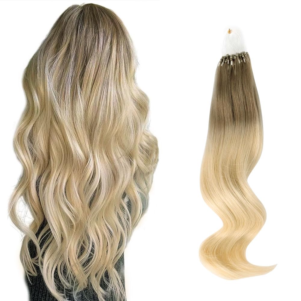 ABH AmazingBeauty Hair Micro Links Hair Extensions Human Hair Micro Ring Ombre Blonde 50G 50S Micro Loop Hair Extensions Balayage Blonde 22 Inch Ash Brown Ombre Platinum Blonde Hair Extensions โ image 1