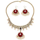 NewZenro Flower Rhinestones Pearl Tassel Dangle Drop Earrings Choker Necklace Set for Women Gold Plated Bohemian Indian Traditional Fashion Antique Trendy Bollywood Jewelry for Bride Wedding Bridal