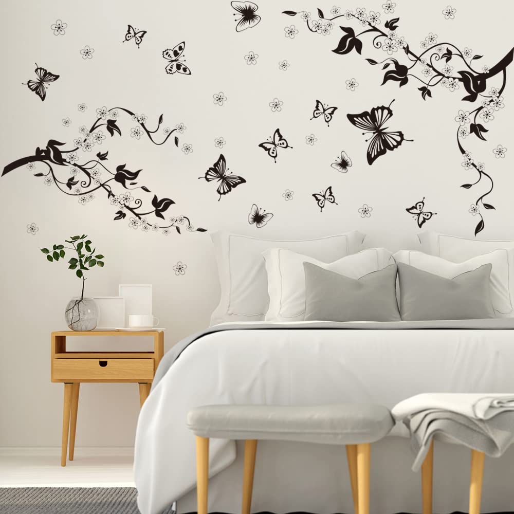 Runtoo Black Tree Branch Wall Stickers Cherry Blossom Butterfly Flower Wall Decals for Bedroom Living Room Art Decor