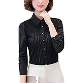 Womens Vintage Victorian Pleated Button Down Shirt Long Sleeve Stretch Blouse