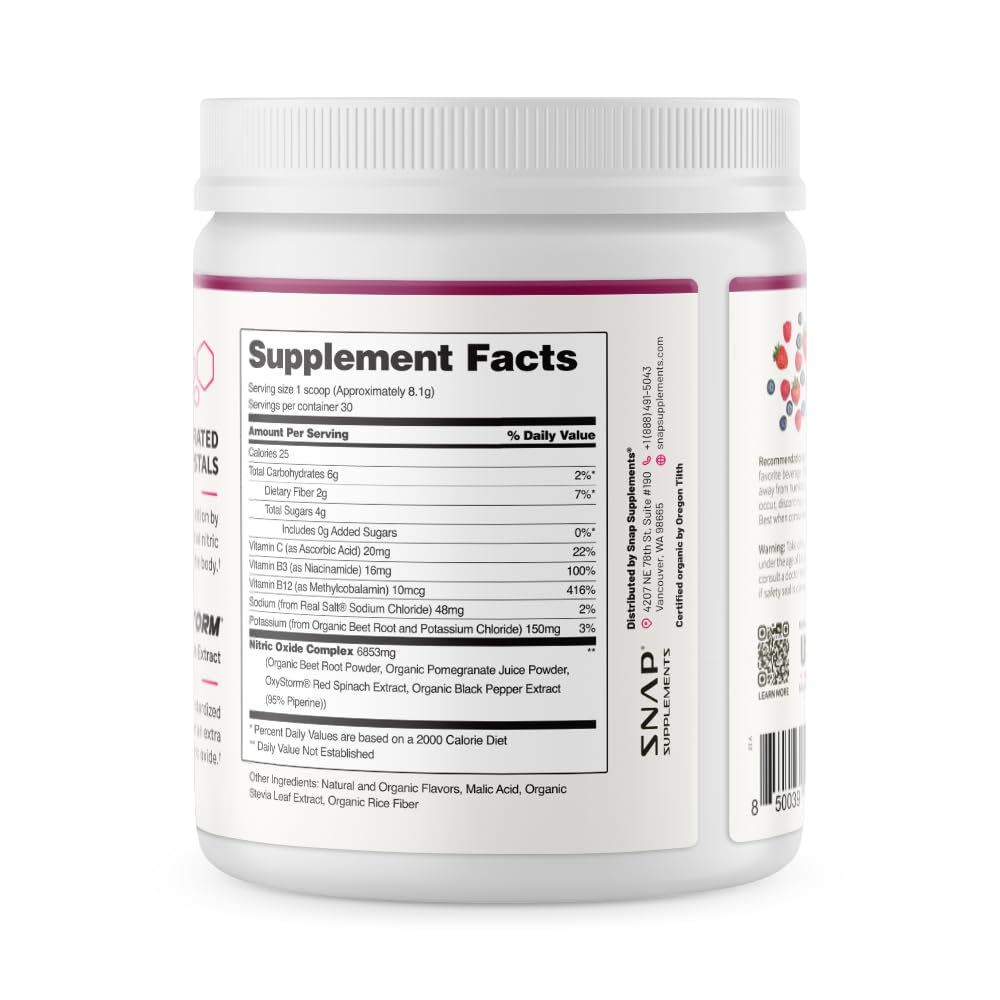Snap Supplements Organic Beet Root Nitric Oxide Powder - Supports Energy and Healthy Circulation, 8.8 oz (30 Servings, 1 Month Supply), Mixed Berry