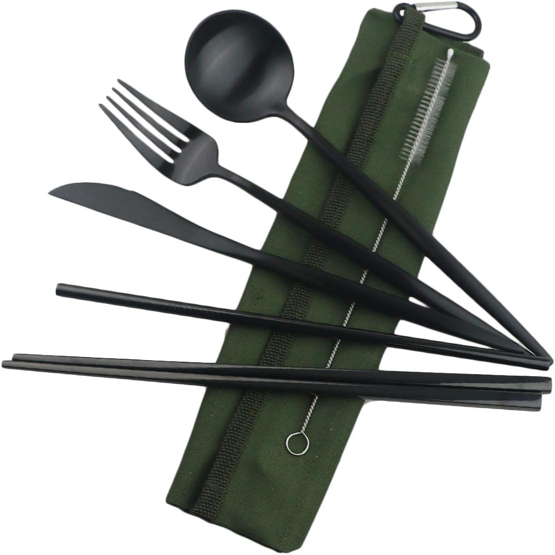 GugridaReusable Travel Utensils, 7 Piece Portable 304 Stainless Steel including Knife Fork Spoon Chopsticks Cleaning Brush Straws Portable Pouch, Eco-friendly Camping Silverware Set, Dishwasher Safe