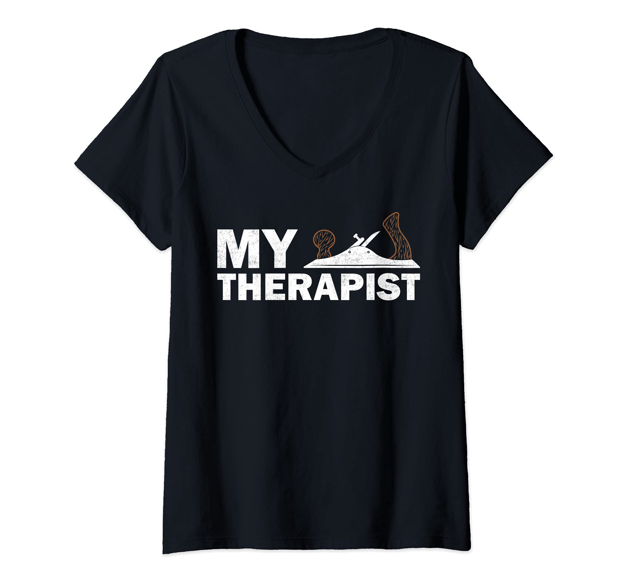 Womens Funny Wood Planer Woodworking My Therapist V-Neck T-Shirt