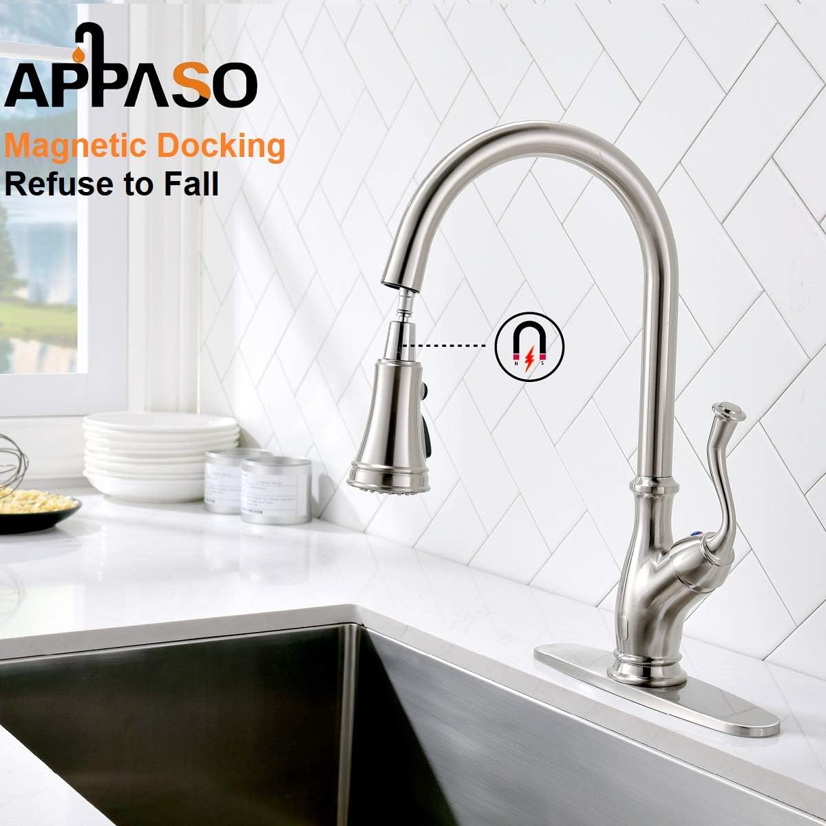 APPASO Pull Down Kitchen Faucet with Magnetic Docking Sprayer Brushed Nickel - Single Handle 1 Hole High Arc Pull Out Kitchen Sink Faucets with Soap Dispenser, 175BN - - 