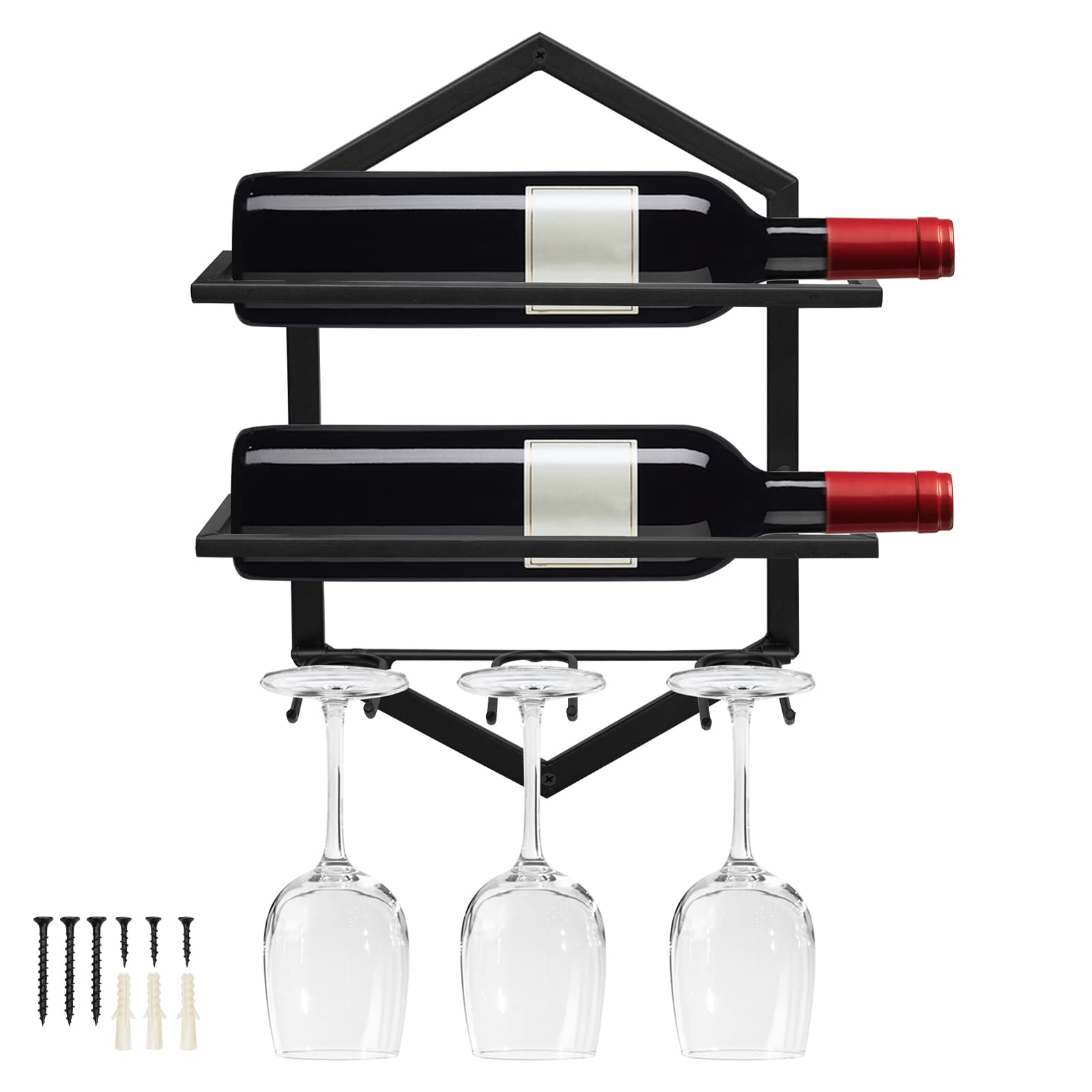 Giyiprpi Wall Mounted Wine Stemware Rack, Metal Hanging Glass Display Holds 3 Cups 2 Bottles, Elegant Storage for Kitchen Dining Room Bar Wine Cellar (Black)