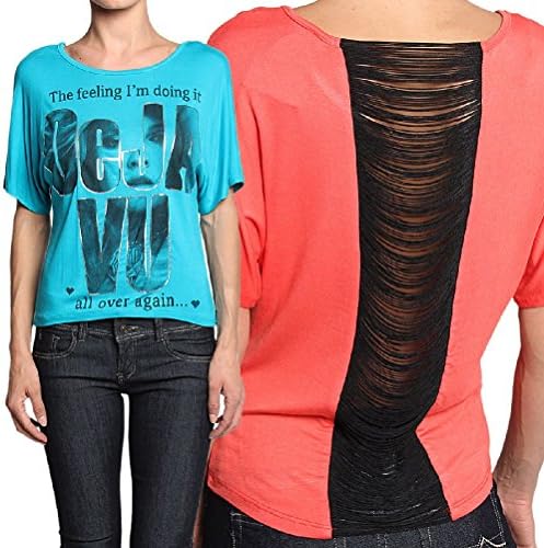 Dejavu Graphic Print Fringed Open Back Top Scoop Neck Short Dolman Tee