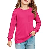Haloumoning Girls Long Sleeve Shirts Kids Crewneck Soft Tunic Tops Basic Casual T-Shirts 5-14 Years with Pocket