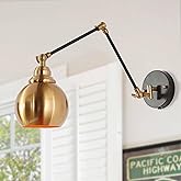 KSANA Plug in Sconces, Modern Black and Gold Swing Arm Wall Sconce Hardwired, Mid Century Adjustable Bedside Wall Lamp with B