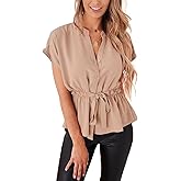 Womens Button Down Blouses Casual Peplum Summer Tops Dressy Chiffon Work Blouse