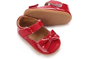 Clowora Infant Toddler Baby Girl Dress Shoes Mary Jane First Walking PU Leather Princess Wedding Rubber Sole Non-Slip with Bowknot Floral Flats
