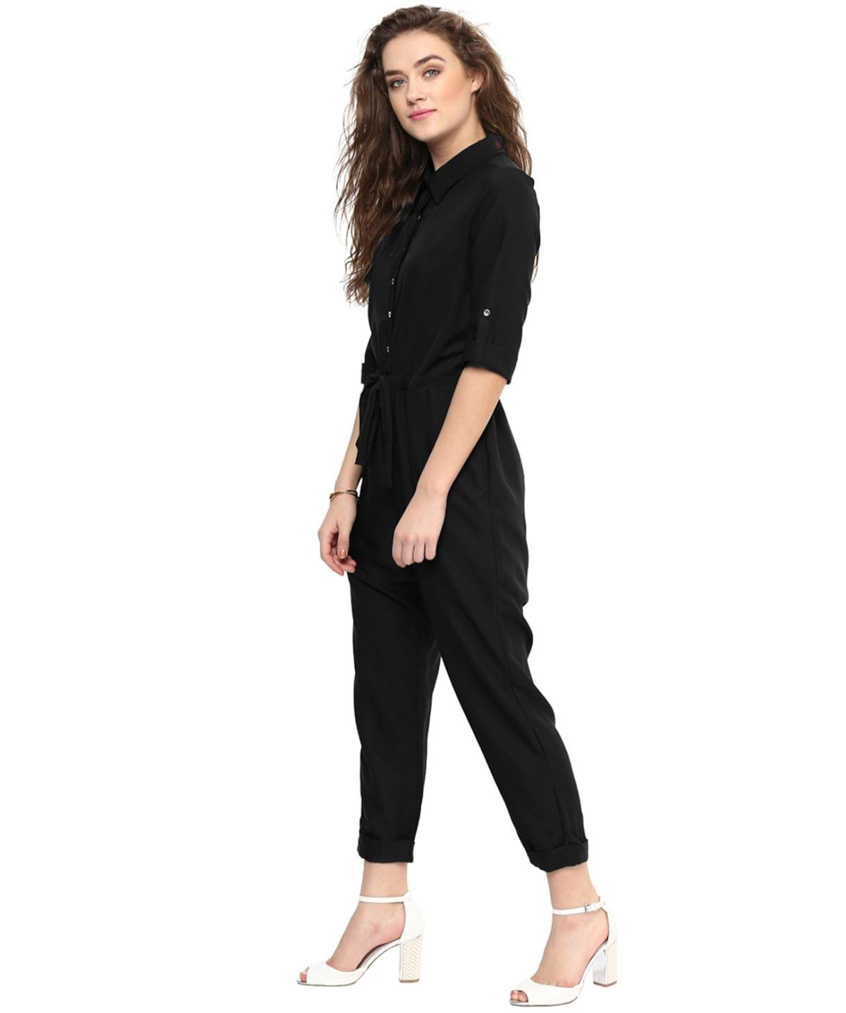 uptownie lite women's crepe roll up jumpsuit (black)