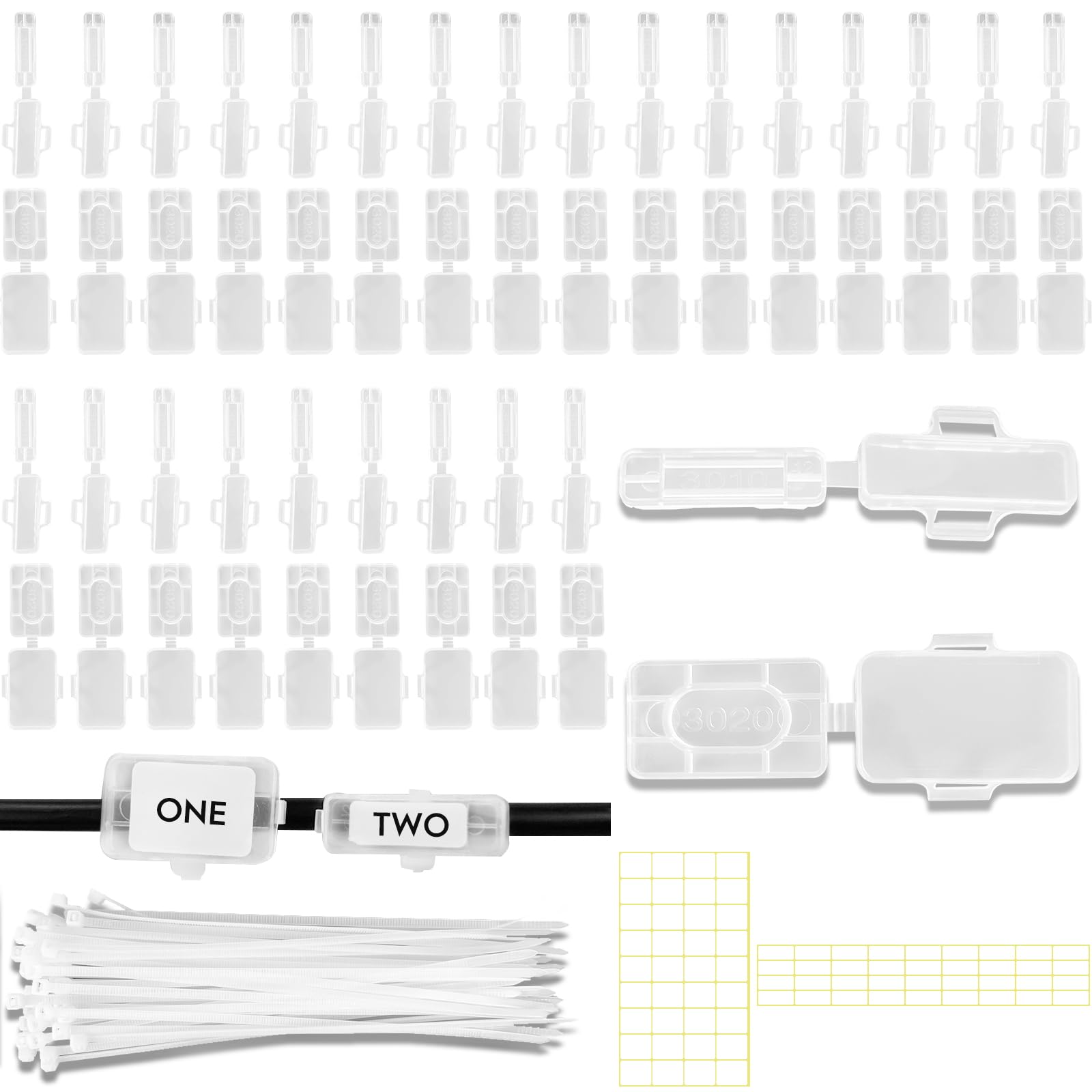 50pcs Cable Labels, Reusable Network Cable Labels, Replacement Electrical Cable Labels, Box of Cable Tags, for Labeling and Classifying Various Cables, with 50pcs Cable Ties, and 72pcs White Stickers
