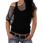 Smile Fish Women Casual Sexy 80s Costumes Fishnet Neon Off Shoulder T-Shirt