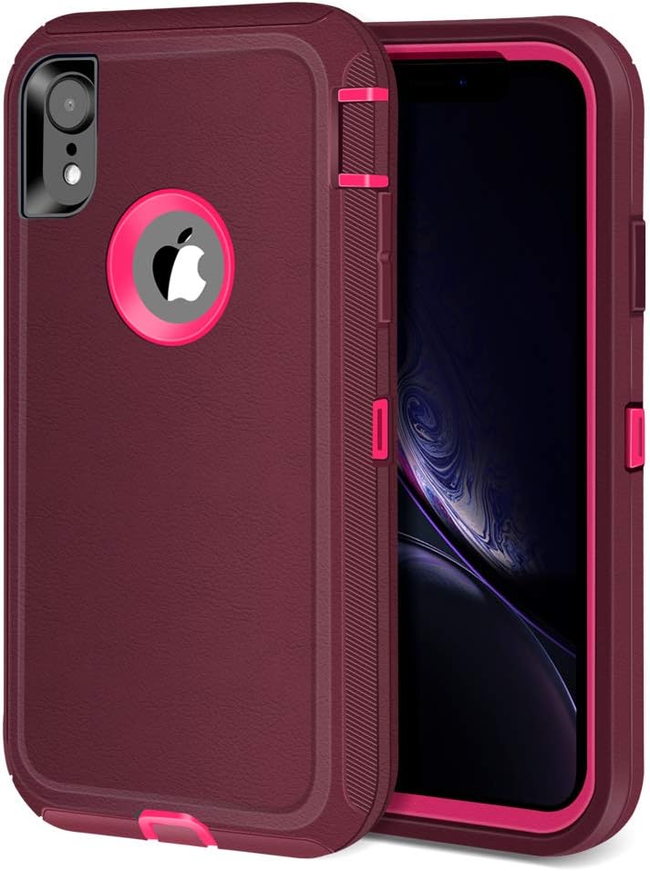 iPhone XR Case, Jiunai Sports Outdoor Heavy Duty Protective Bumper Drop Protection Dual Layer Armor Shockproof Rugged Cover Case ONLY Compatible with iPhone 10 R XR 2018 6.1'' Wine Red