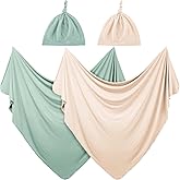 JaGely 2 Pcs Stretchy Baby Swaddle Blankets Set Extra Soft 47" x 47" Baby Newborn Swaddle Blanket and Hat(Green, Apricot)