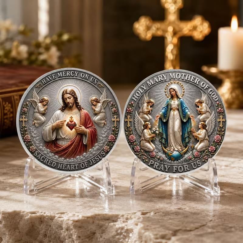 3D Commemorative Coins Religious Handcrafted Medals Featuring Virgin Mary and Sacred Heart for Prayer Home Decor Collecting,