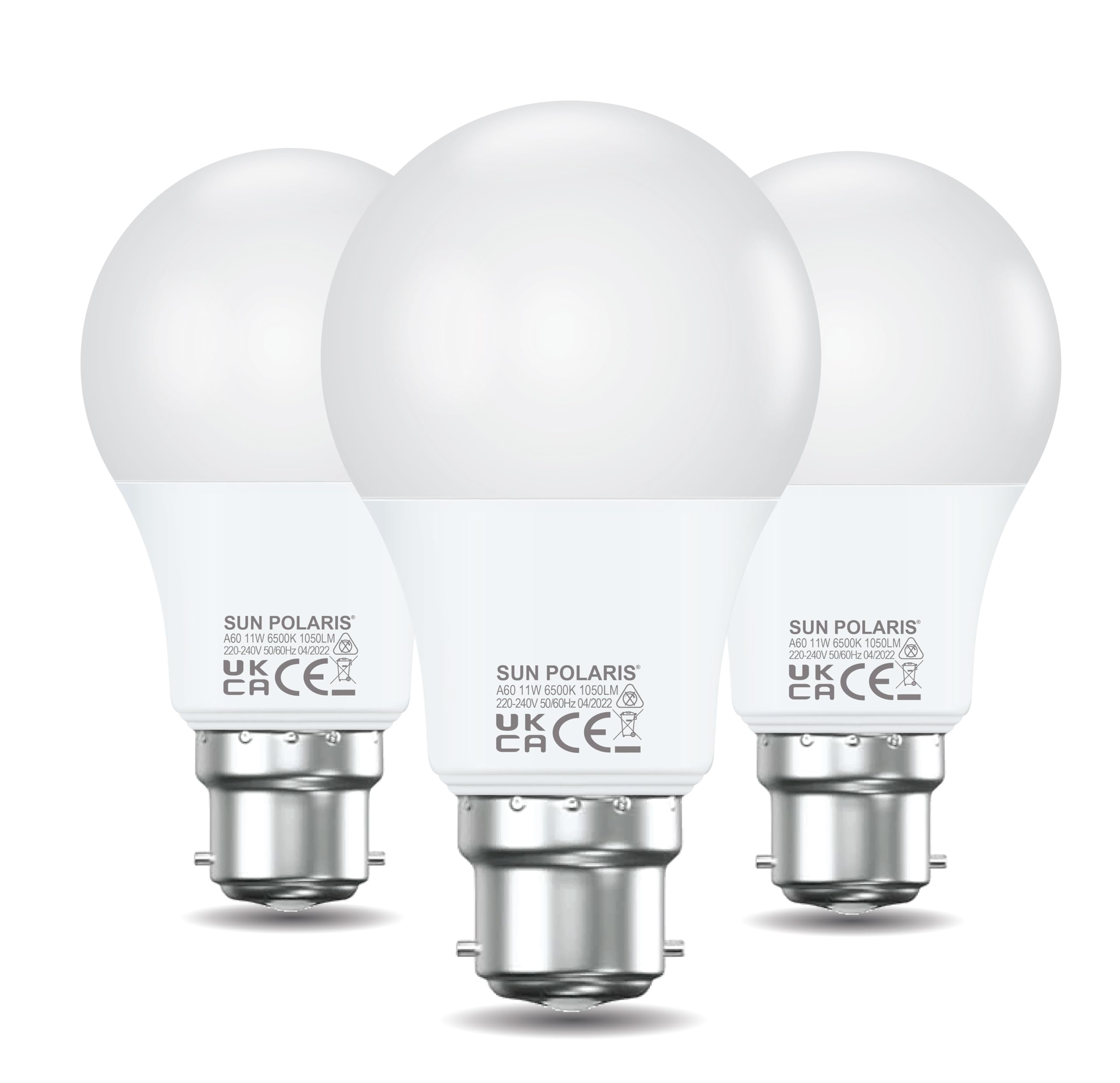 SUN POLARIS Bayonet Led Light Bulb – Daylight 6500k 75w Equivalent 11 watt Lightbulbs, 1050 Lumen Non-Dimmable Energy Saving BC B22 Fitting Lightbulb, Extra Natural White Standard GLS Bulbs Pack of 3