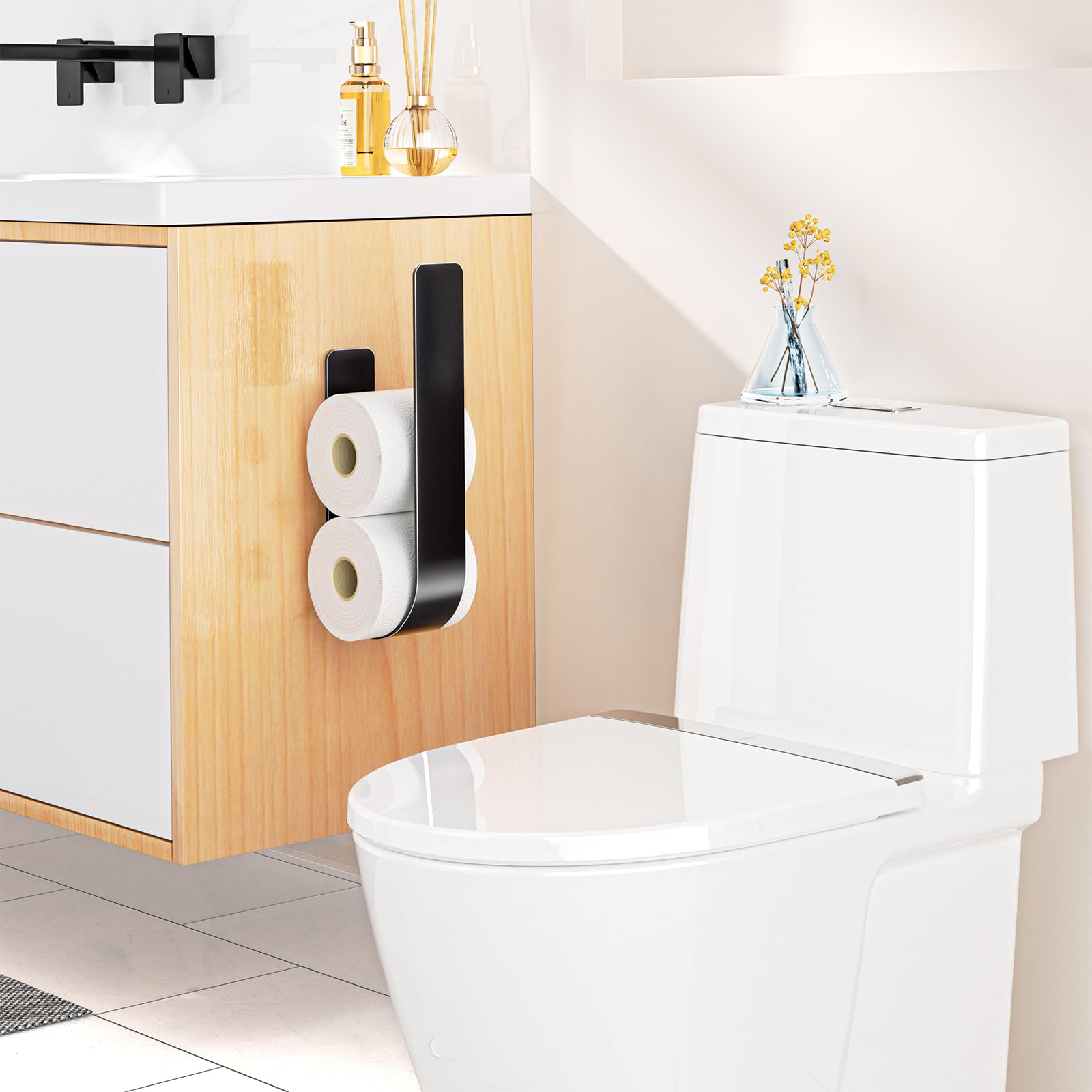 Toilettenpapier Aufbewahrung Wand, Klopapier Aufbewahrung, Toilettenpapierhalter Ohne Bohren, Ersatzrollenhalter Toilettenpapier für 3 Rollen, Selbstklebend Klopapierhalter, Schwarz 5