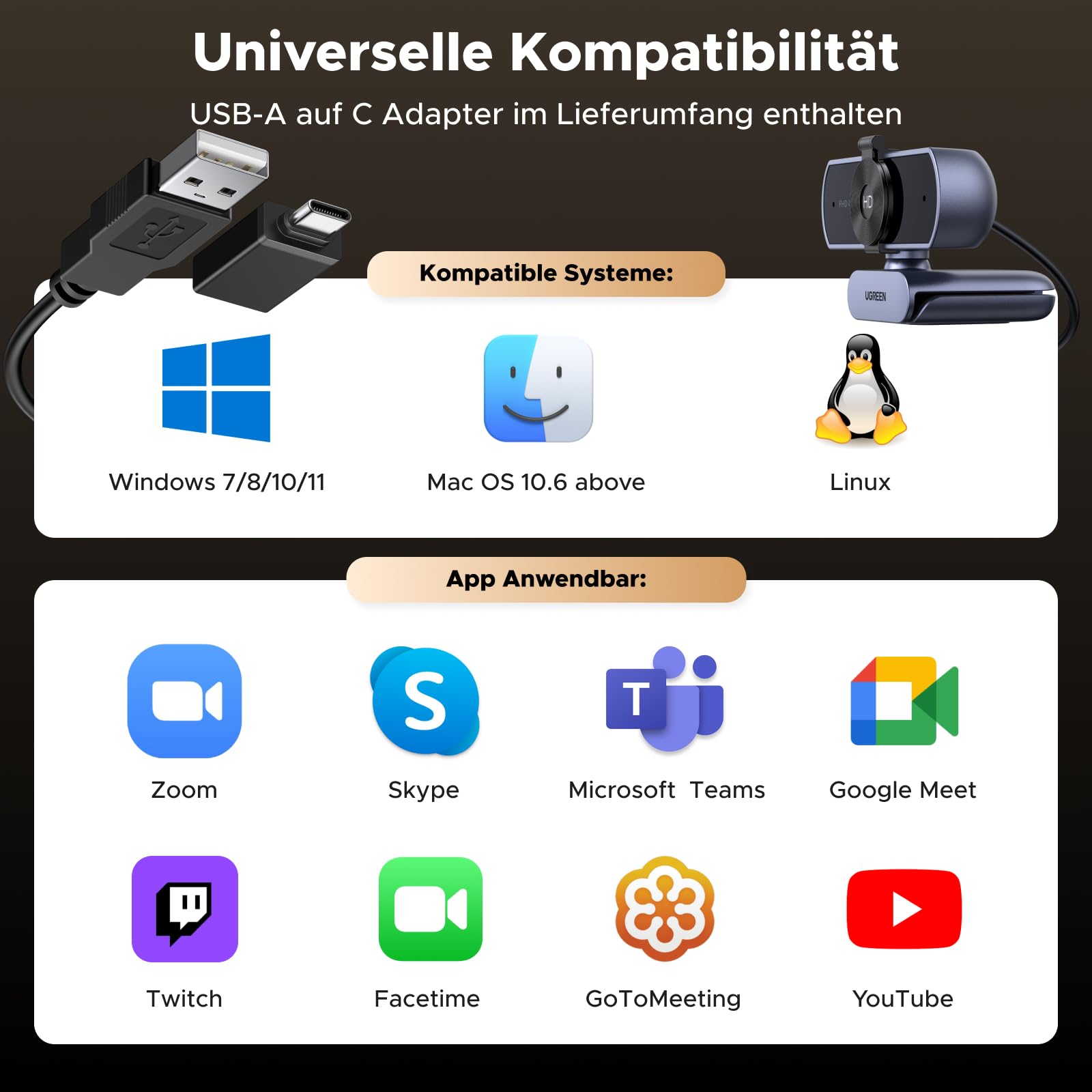 UGREEN FineCam Lite 4K, UHD Webcam 4K, Webcam mit Mikrofon und Objektivabdeckung, PC Kamera Autofokus, 70°FOV, USB-A/C Anschluss, für PC/Laptop/Windows/Mac/Linux/Skype/FaceTime 6