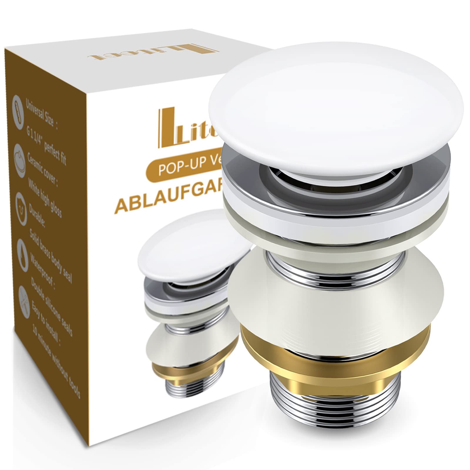 Unslotted Basin Sink Waste Pop Up Click Clack Basin Waste with Ceramic Top, Basin Sink Plugs without Overflow