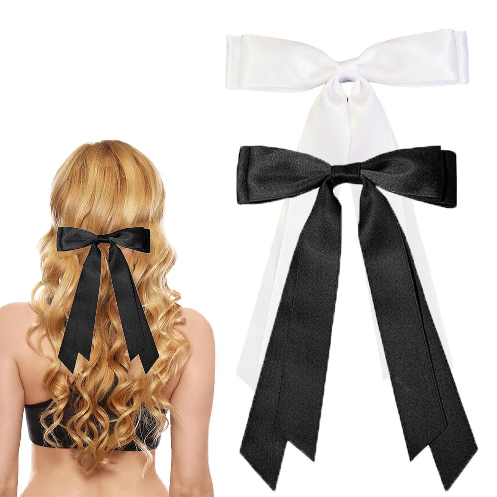 Silky Satin Ribbons Bowknot Clips Tail Large Bows Hair Ribbons Bows Hairpin Cute Hair Bows Solid Color Hair Barrette Simple Large Bows for Women Girls Lady(Black&White)