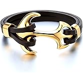 COOLSTEELANDBEYOND Mens Large Stainless Steel Gold Color Marine Anchor Bangle Bracelet Genuine Brown Leather Wristband