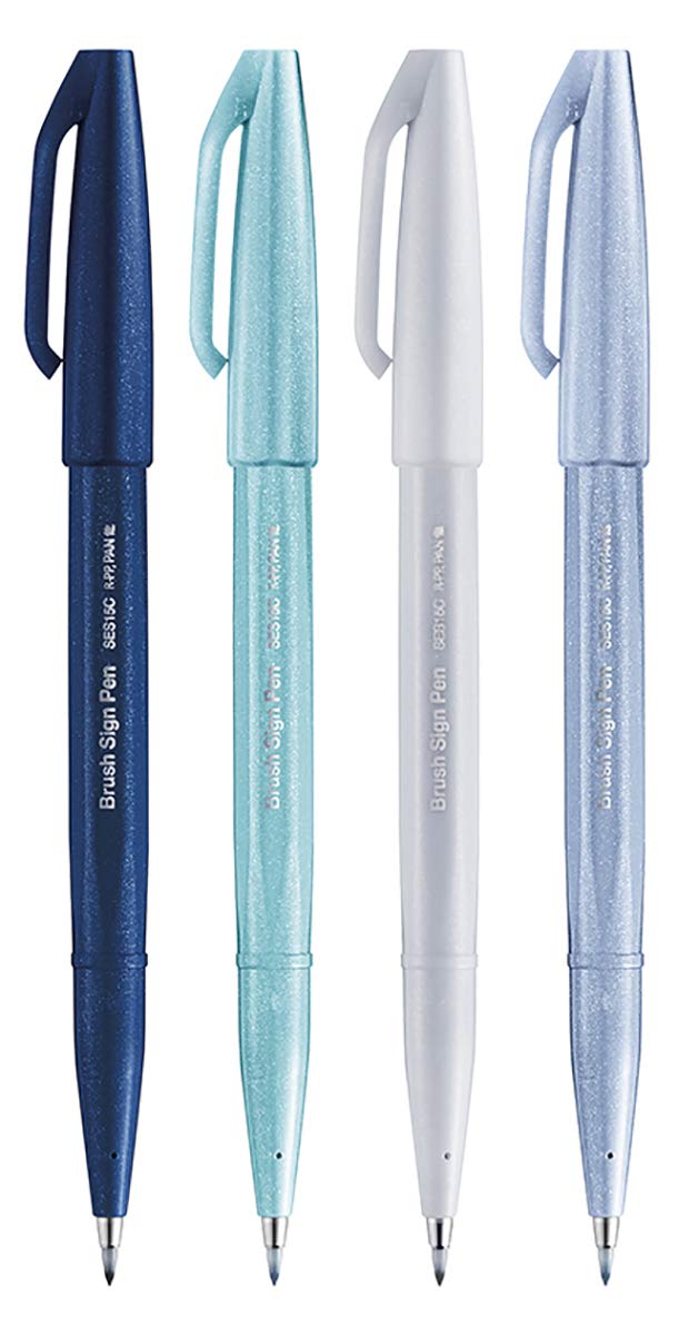 Pentel SES15C Brush Sign Pen Flexible Tip Marker for Lettering, Calligraphy, Illustration, Set of 4 Winter Assortment