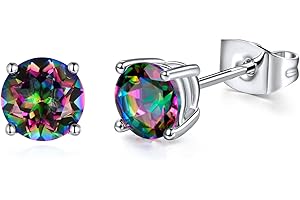 VOLUKA Created Rainbow Quartz Stud Earrings for Women Men 18K White Gold Plated Round/Square CZ Earrings Hypoallergenic Jewelry Gift