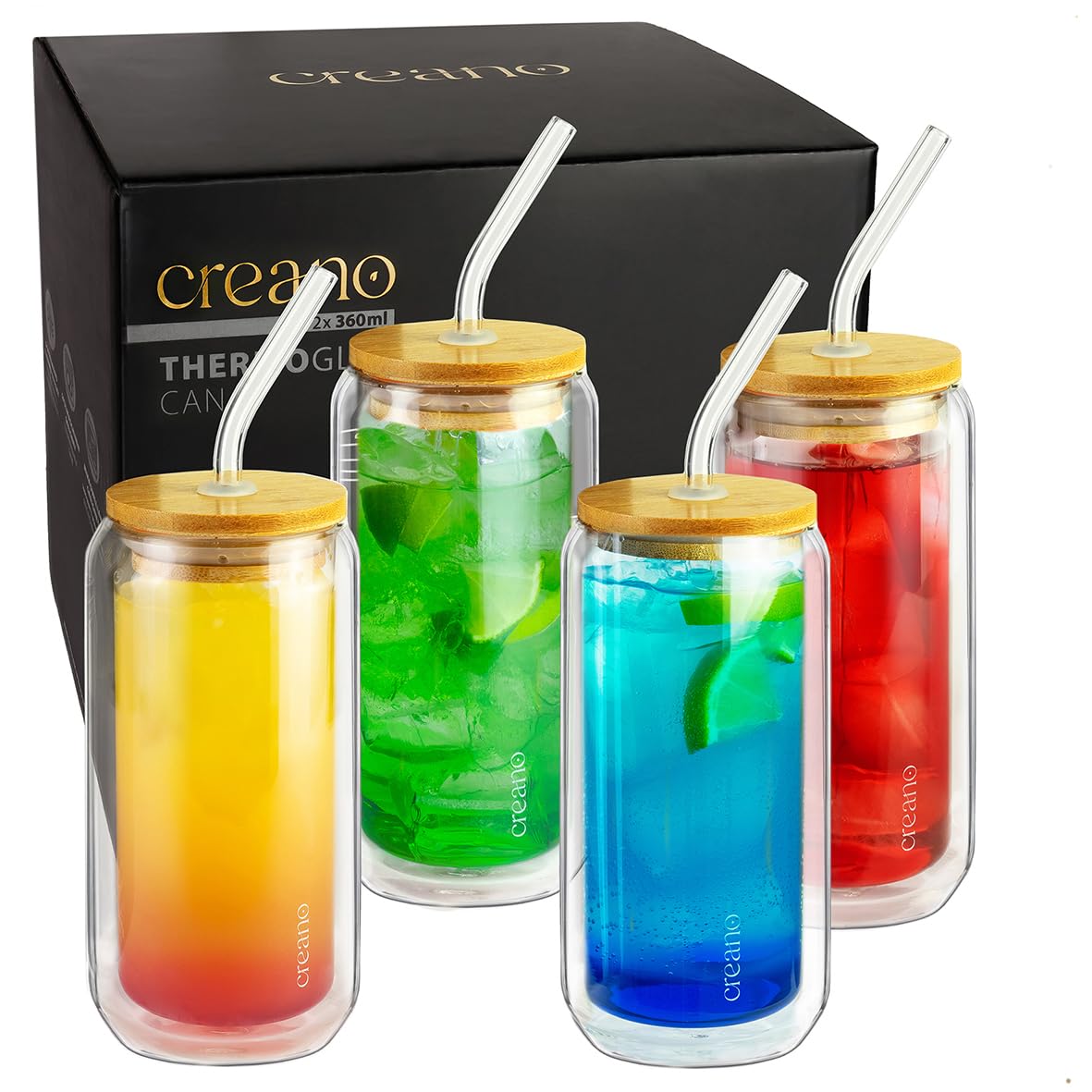 Creano 4pcs Double-Walled Drinking Glass with Bamboo lid and Straw, 360 ml, Smoothie Cup, Bubble Tea, Cocktail Glass