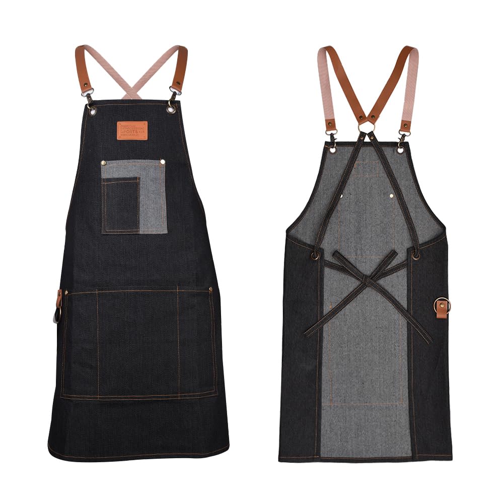 Lanthour Work Apron - Black Denim Canvas Apron with Pockets, Cross Back, Durable & Adjustable for Carpenters, Gardeners, Chefs, Artists & Decorators - Unisex (Gray-Black)