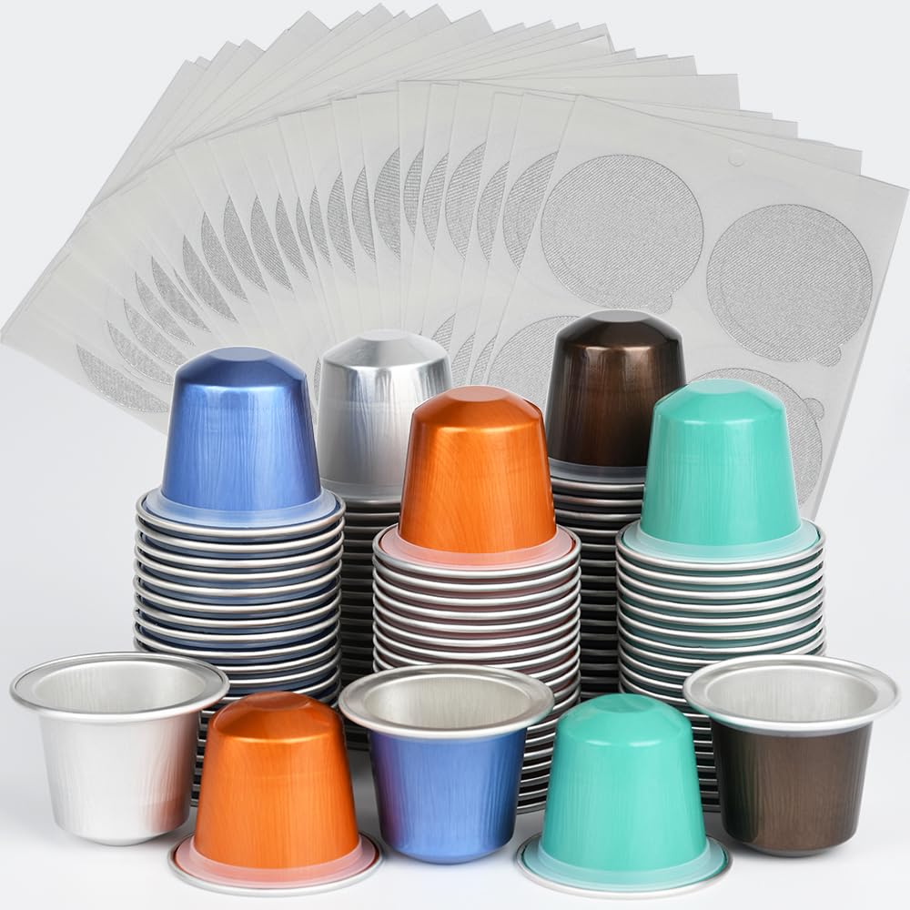 Photo 1 of 100pcs Disposable Fillable Empty Aluminum Foil Capsules Coffee Pods Set,Make Your Own Espresso Coffee Cups Pod & Seals Sticker Lids Kit Compatible for Nespresso OriginalLine Machine(100 Pods+100 Lids)