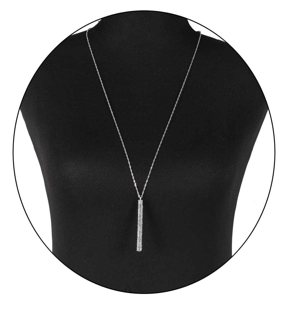 ELEARD Silver Bar Pedant Necklace Vertical Bar Drop Pedant with Crystal Paved Twist Chain Long Necklace