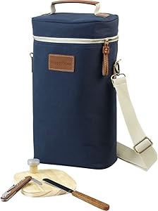 HappyPicnic 2 Bottle Wine Tote Bag,Insulated Travel Wine Carrier, Wine Cooler Bag Set with Picnic Carrying Tote Kit, Corkscrew,Bottle Stopper,Wooden Cheese Board and Knife Father Day