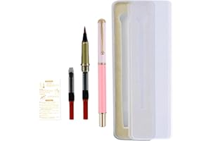 Huakaile Portable Pocket Metal Fountain Brush Pen With Case, Refillable Flexible Tip for Calligraphy, Writing, Lettering, Illustration Art (Pink, 1 Tip, 3 Ink Converters)