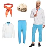 KDAFJLKD Men Classic Movie Set Adult Halloween Costume Long Sleeve Shirt with Wig Orange Scarf and Trousers