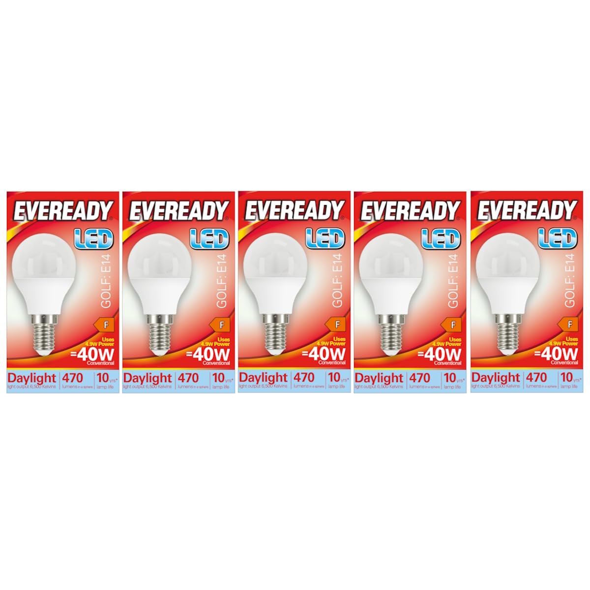 Eveready E14 Bulb LED Golf (SES) 470 lumens 5.2 Watt Daylight 6500k. Pack of 5 Bulbs