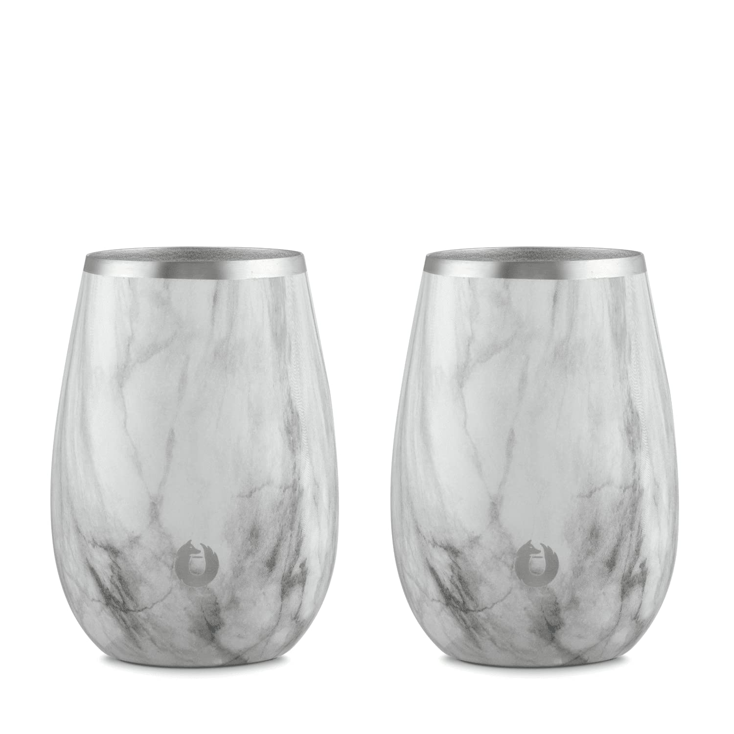 Snowfox Premium Vacuum Insulated Stainless Steel Classic White Wine Glass, Set of 2, Chilled Wine Stays Icy Cold, Lightweight Stemless Cocktail Glasses, Elegant Home Entertaining Barware, 8oz, Marble