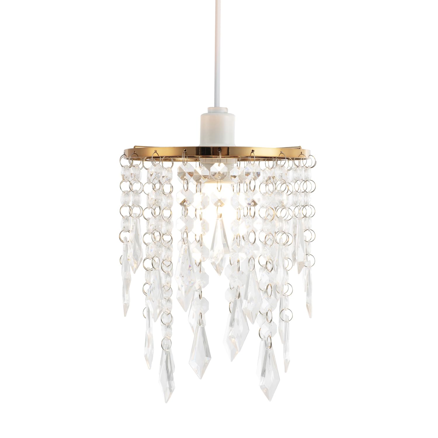 Modern Waterfall Design Easy Fit Pendant Shade with Clear Acrylic Droplets and Beads - Gold Metal Ring - 16cm Diameter by Happy Homewares
