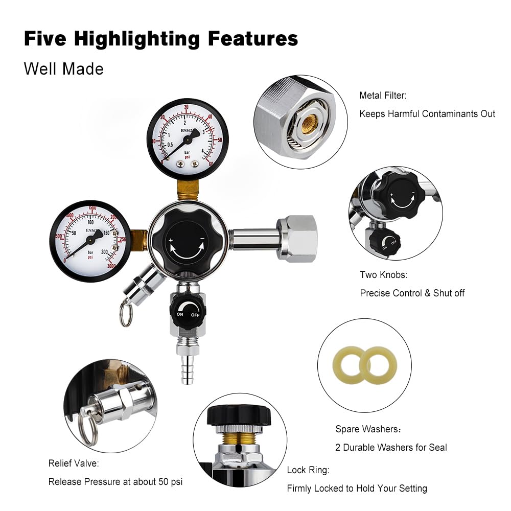 FERRODAY Dual Gauge Co2 Regulator Beer Kegerator Co2 Regulator Beer Keg Dual-stage Kegerator Regulator CGA-320 Beer Regulator Co2 Kegerator Part Beer Keg Regulator Co2 Beer Gas Regulator Beer Tap Tool