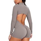 Women Long Sleeve Jumpsuit Zip Up Bodysuits Yoga Workout Unitards Bodycon One Piece Open Back Romper