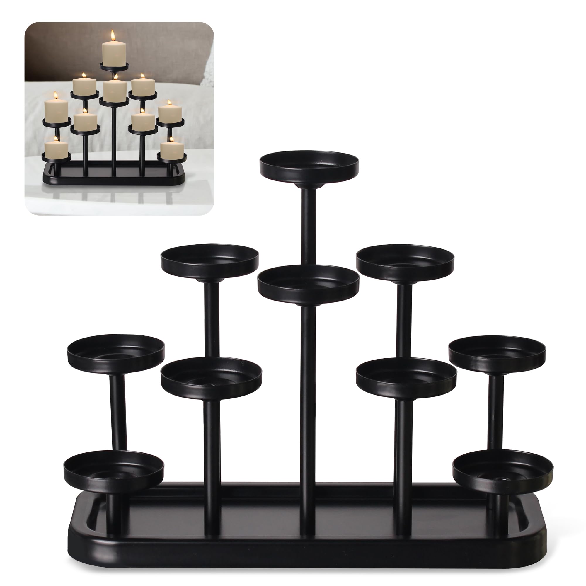 Yucanucax 10-Arm Tealight Candle Holders in Metal, Black, Candle Holders, Set of 10, for Dining Room, Table Decoration, Decorative Tray