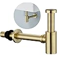 Heixutas Brass P Trap Bathroom Sink: 1-1/4 Sink Trap with Adjustable Height - Brushed Gold Round Bottle P-Trap with Slip Joint Extension Tube - Basin Sink Stainless Steel Plumbing/Pipe Replacement Kit