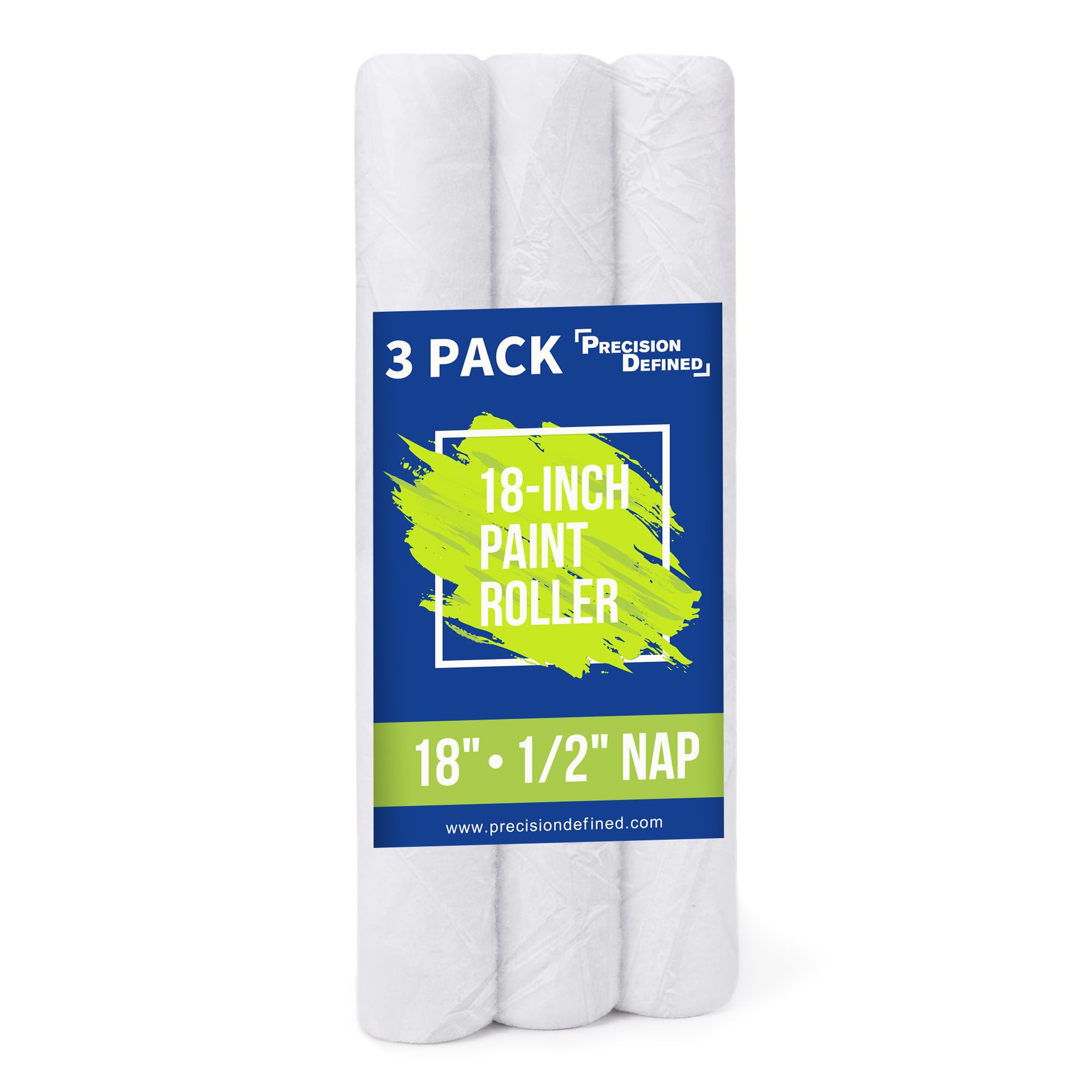 Photo 1 of Precision Defined Paint Roller Covers, Paint Roller Cover Set Refill, Replacement Covers for Roller Brushes Set, Exterior Paint Rollers for Painting Walls (1/2 Nap, 3-Pack, 18-Inch)