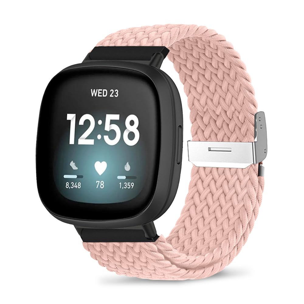 ZoRoll Braided Strap for Fitbit Versa 4/Versa 3/Fitbit Sense 2/Sense, Elastics Nylon Adjustable Sport Replacement Band Compatible with Fitbit Versa 4/Versa 3/Sense 2/Sense - Pink