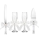Boao Pearl Wedding Champagne Flutes and Cake Knife Server Set of 4, Champagne Flutes Toasting Glasses with Pearls for Bride and Groom Engagement Anniversary Bridal Shower Gifts(Bow,White)