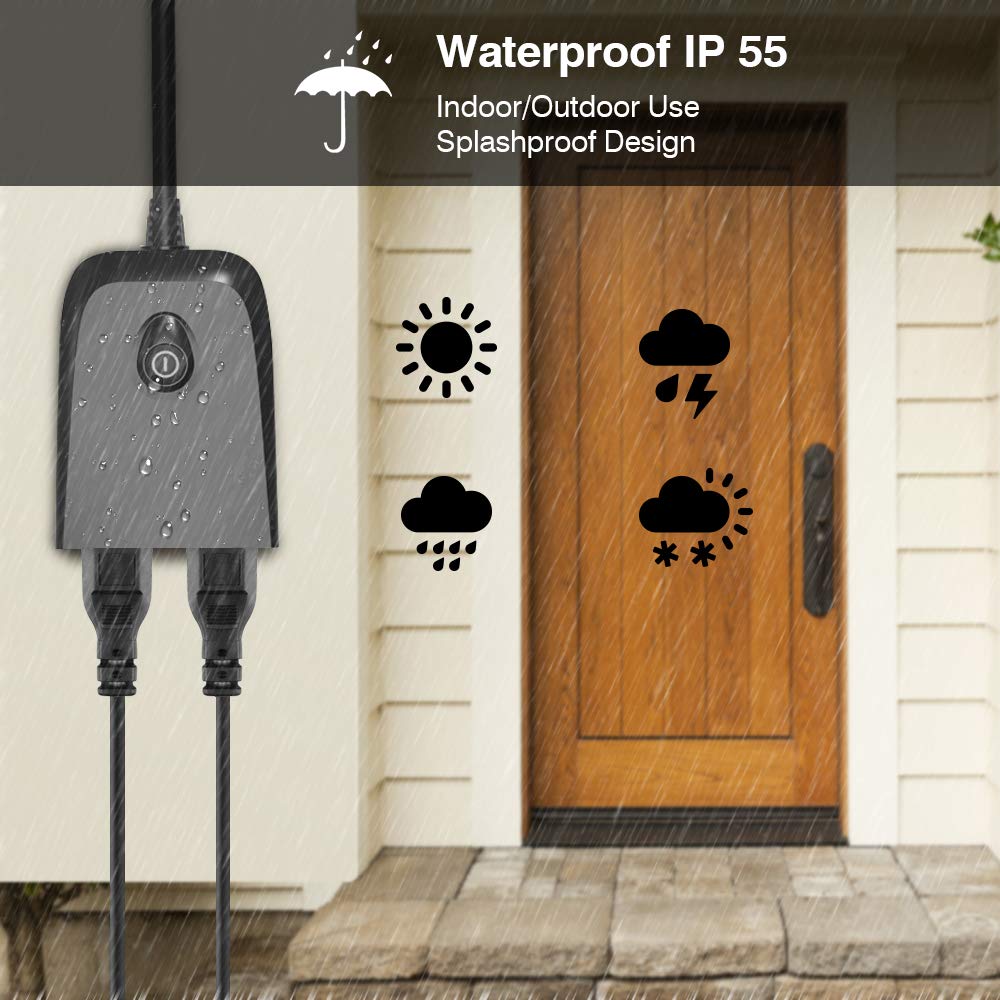 Outdoor Smart Plug, iUcare IP55 Waterproof 2.4GHz WiFi Outlet with 2 Sockets Voice Compatible with Alexa/Google Home APP Wireless Remote Control Switches Timer for Indoor/Outdoor Devices
