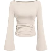 TITOMD Women's Bell Long Sleeve Shirts 2026 Spring Boat Neck Crop Going Out Trendy Tops Ribbed Ruched Y2K Clothes