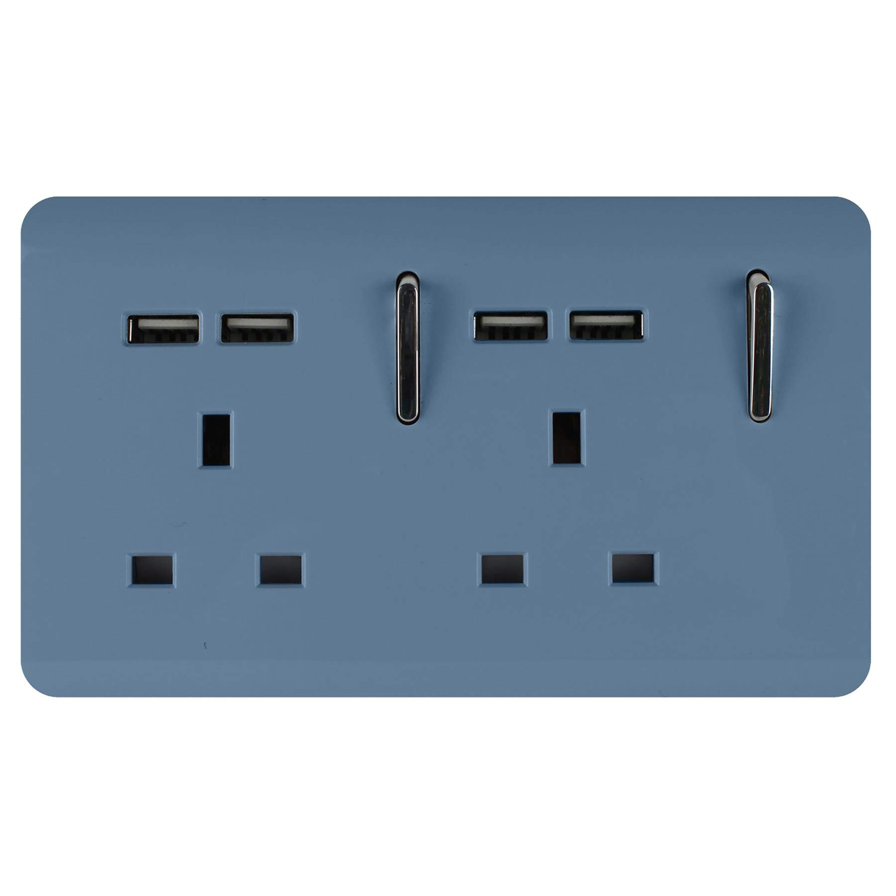 Trendi 2 Gang Artistic Modern Glossy Screwless Raised 13 Amp 240v Short 4 USB Type A Charging Points Double Chrome Switched Electrical Wall Plug Socket Sky Blue - ART-SKT213USBSK
